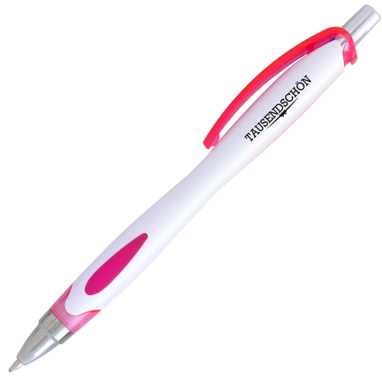 1. Foto Kugelschreiber VICKY mit Druck 1-farbig Logo Text Werbung Grafik (Gehäusefarbe: weiß / pink)