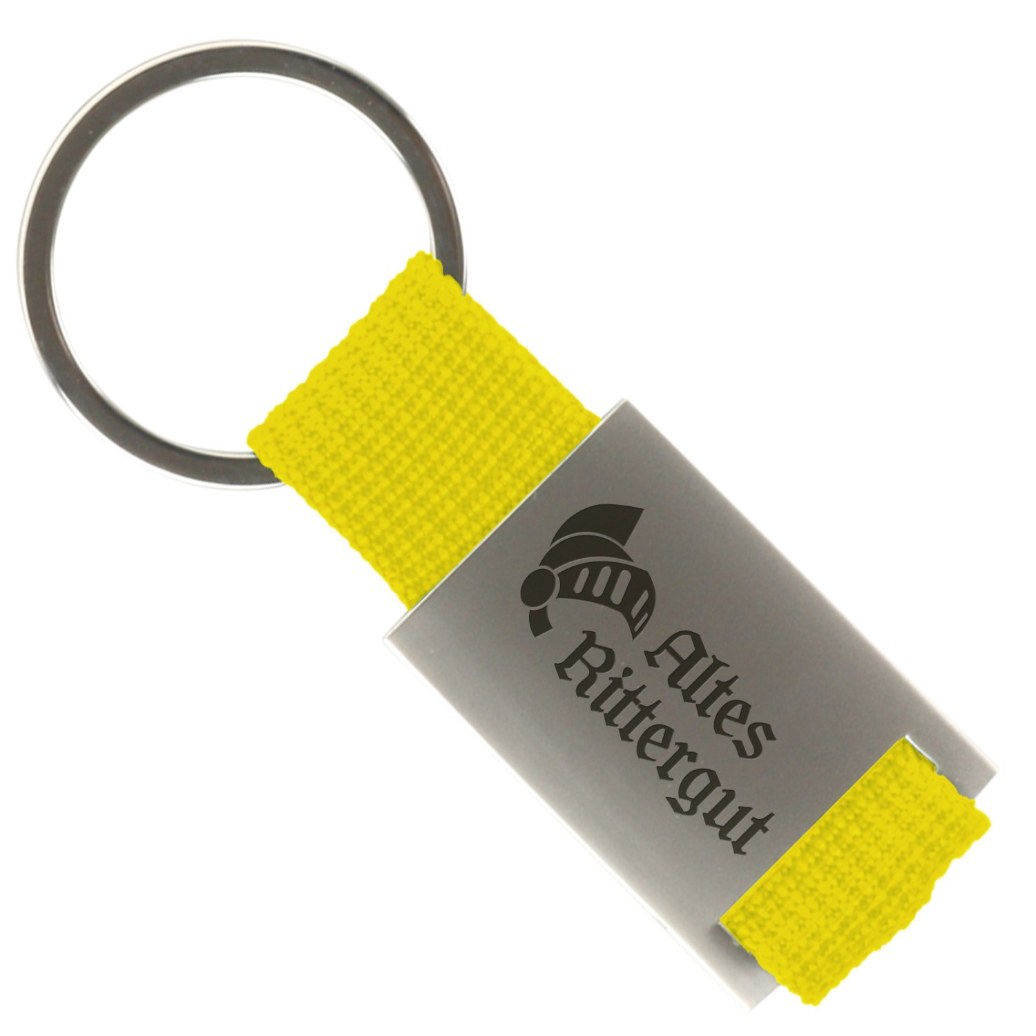 1. Foto Schlüsselanhänger Trogir Metall Band mit Gravur Text Logo (Farbe: gelb)