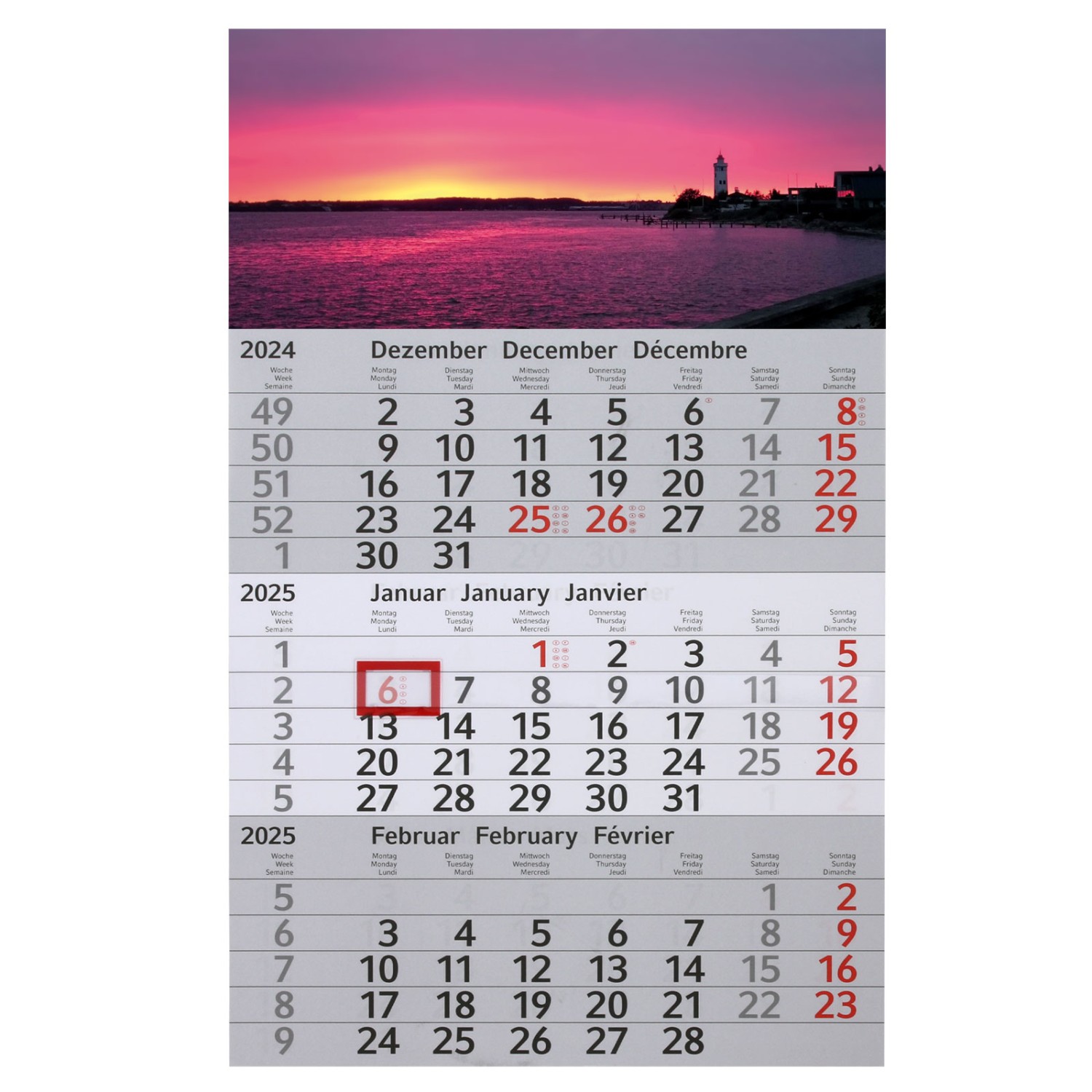 0. Foto 3-Monats-Kalender mit Druck Officekalender Bürokalender mit Ihrem Werbedruck (Grundfarbe Kalendarium: rot Größe der Kopflasche: 30 x 20 cm)