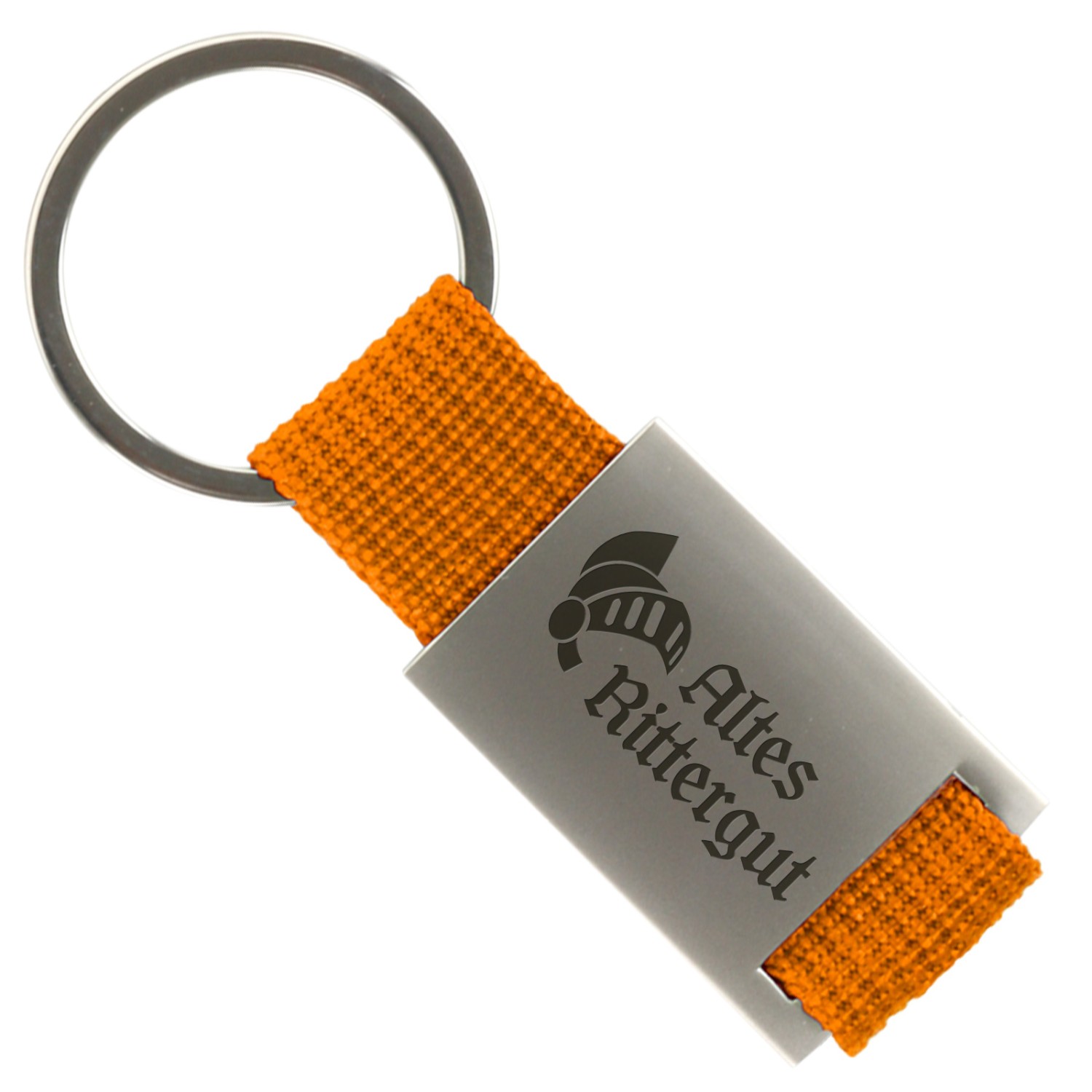 1. Foto Schlüsselanhänger Trogir Metall Band mit Gravur Text Logo (Farbe: orange)