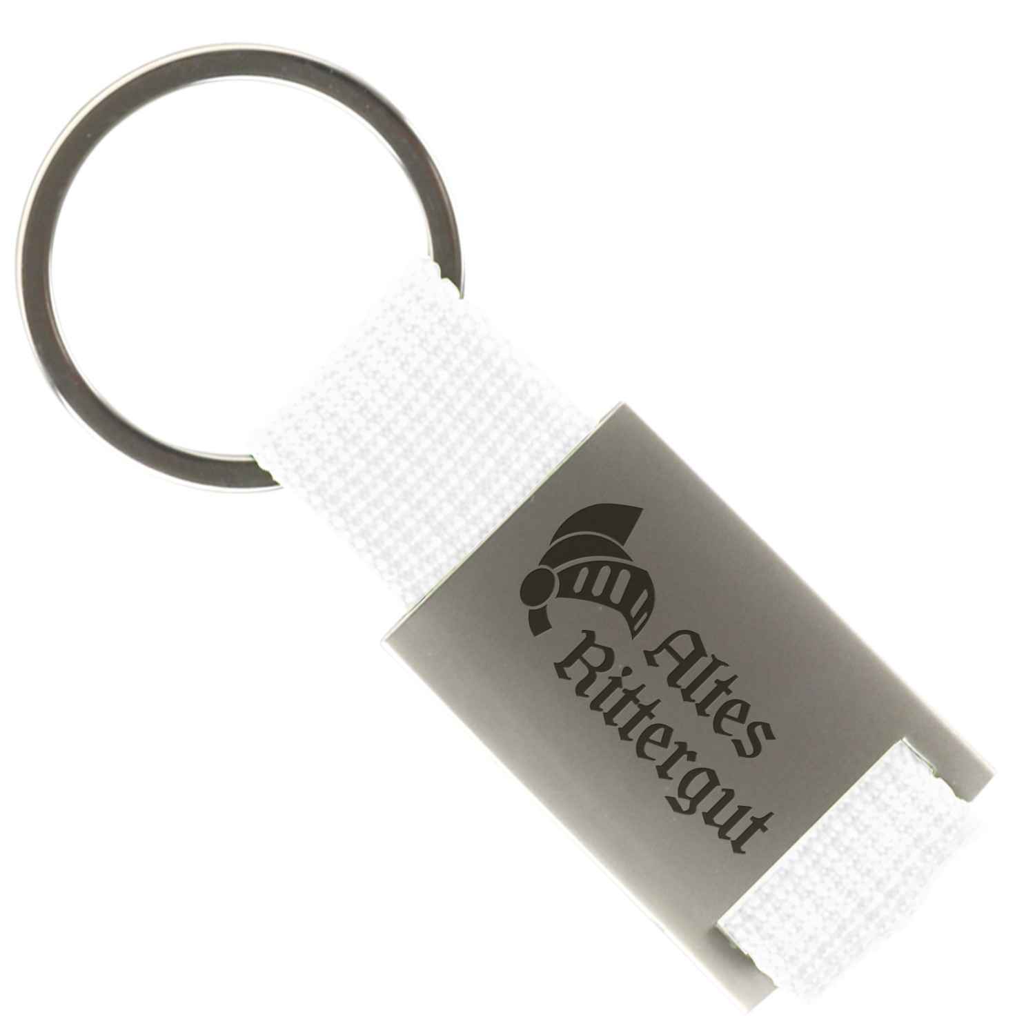 1. Foto Schlüsselanhänger Trogir Metall Band mit Gravur Text Logo (Farbe: weiß)