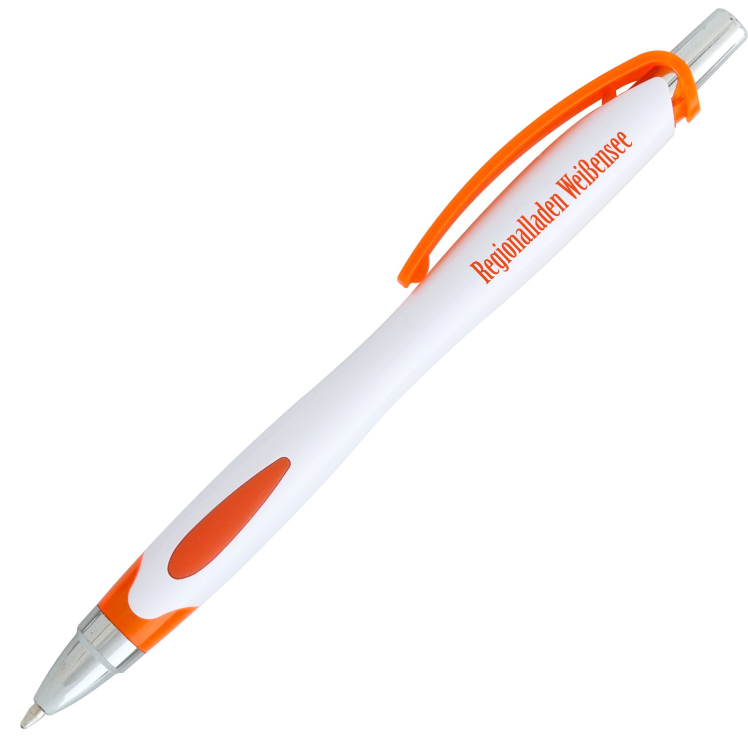 1. Foto Kugelschreiber VICKY mit Druck 1-farbig Logo Text Werbung Grafik (Gehäusefarbe: weiß / orange)