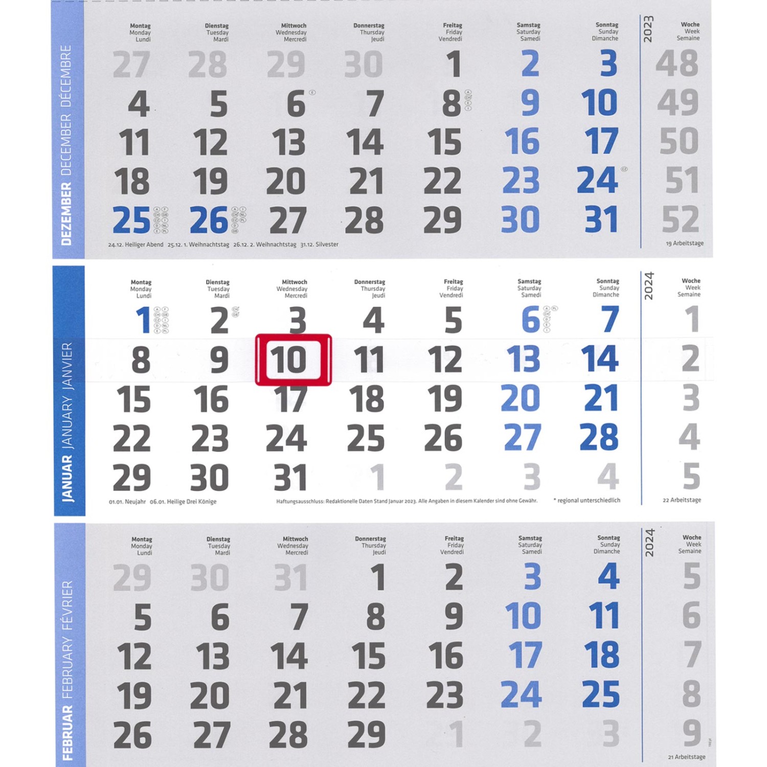 1. Foto 3-Monats-Kalender mit Druck Officekalender Bürokalender mit Ihrem Werbedruck (Grundfarbe Kalendarium: blau Größe der Kopflasche: 30 x 13,5 cm)