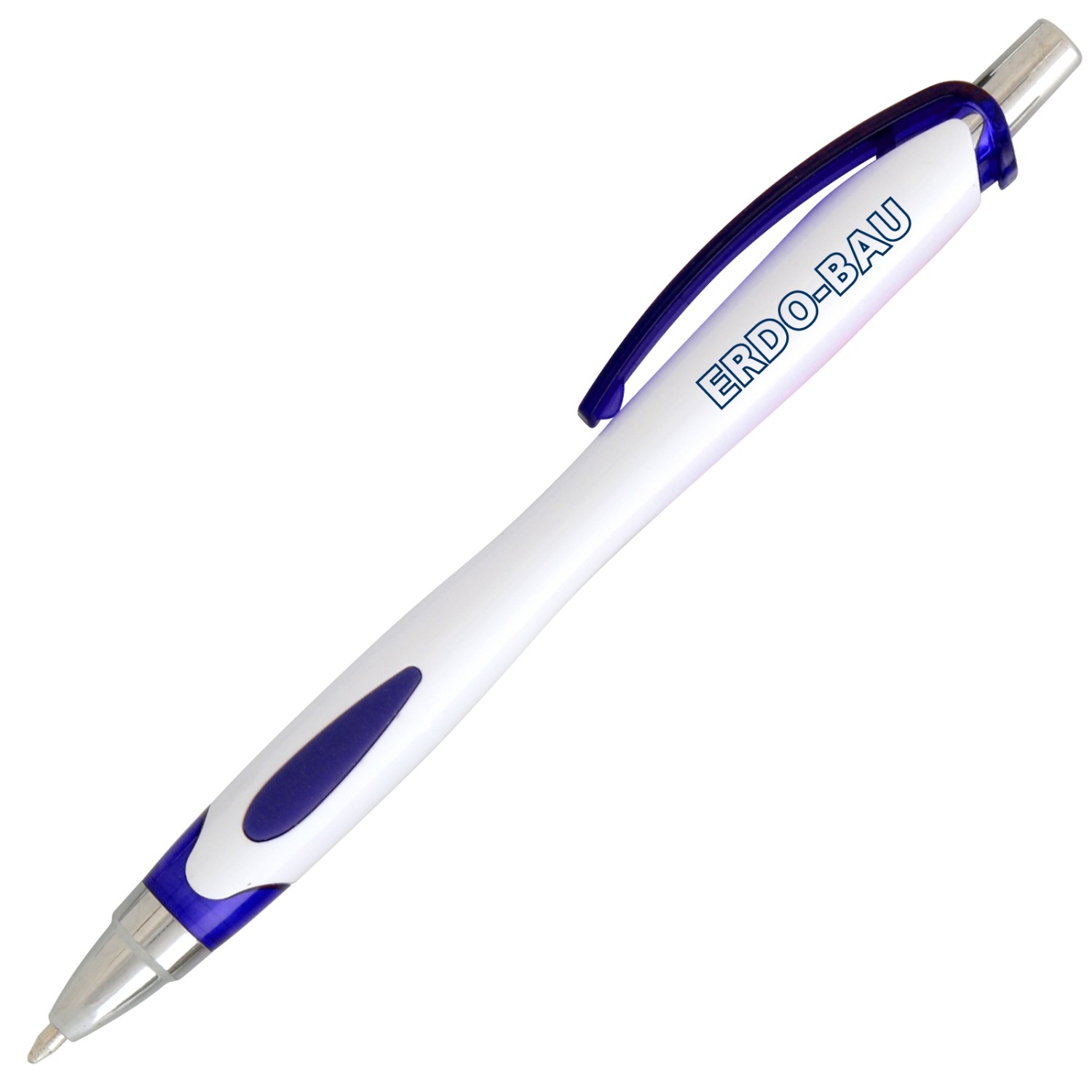1. Foto Kugelschreiber VICKY mit Druck 1-farbig Logo Text Werbung Grafik (Gehäusefarbe: weiß / blau)