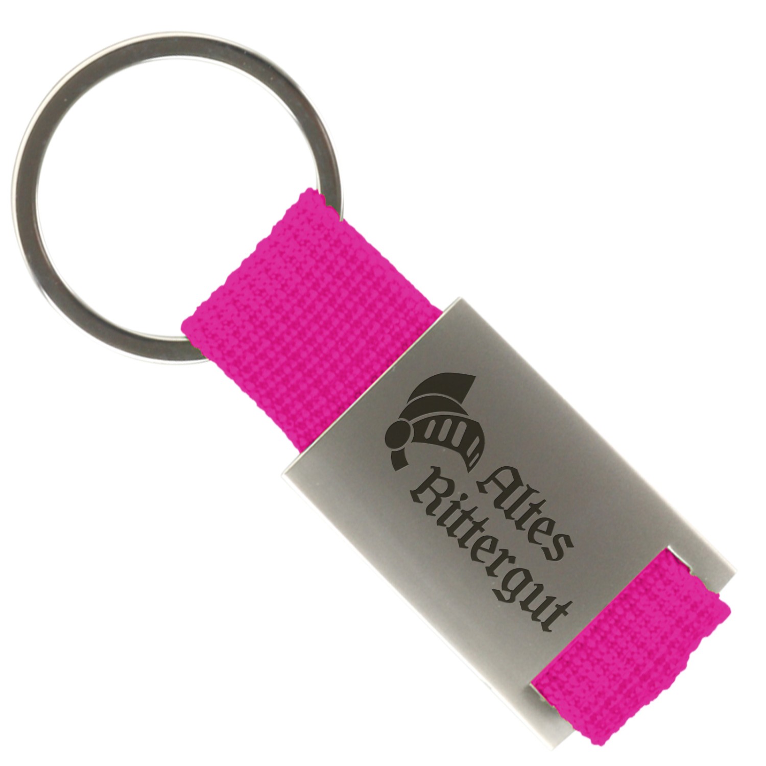 1. Foto Schlüsselanhänger Trogir Metall Band mit Gravur Text Logo (Farbe: rosa)